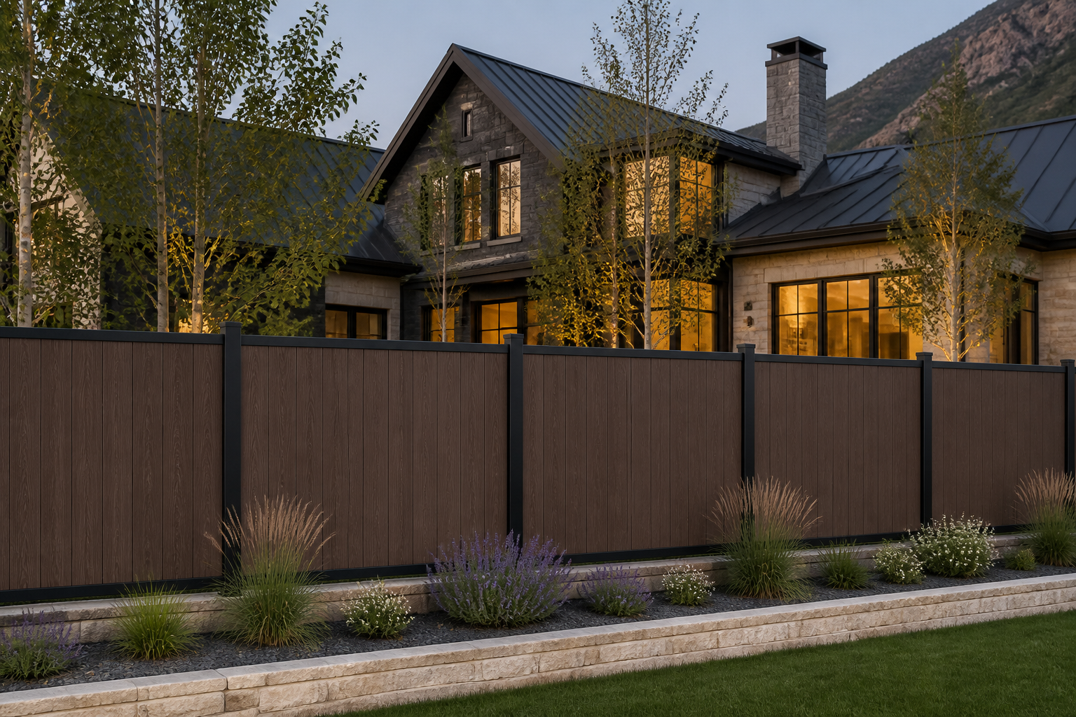 Cocoa Ridge vertical composite privacy fence with black aluminum framing at a luxury Utah mountain home at dusk