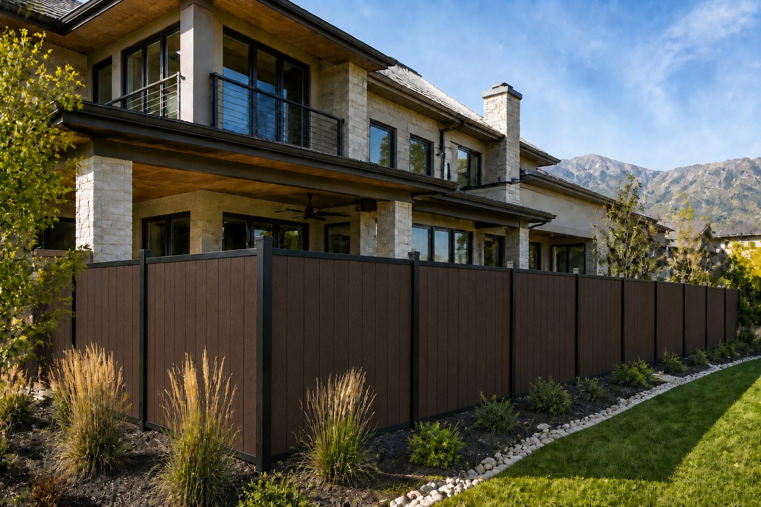 Cocoa Ridge vertical composite privacy fence with black aluminum framing at a Utah mountain home