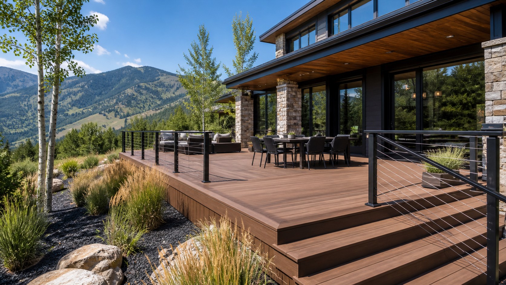 Walnut composite deck with black aluminum cable railing at a Park City mountain home