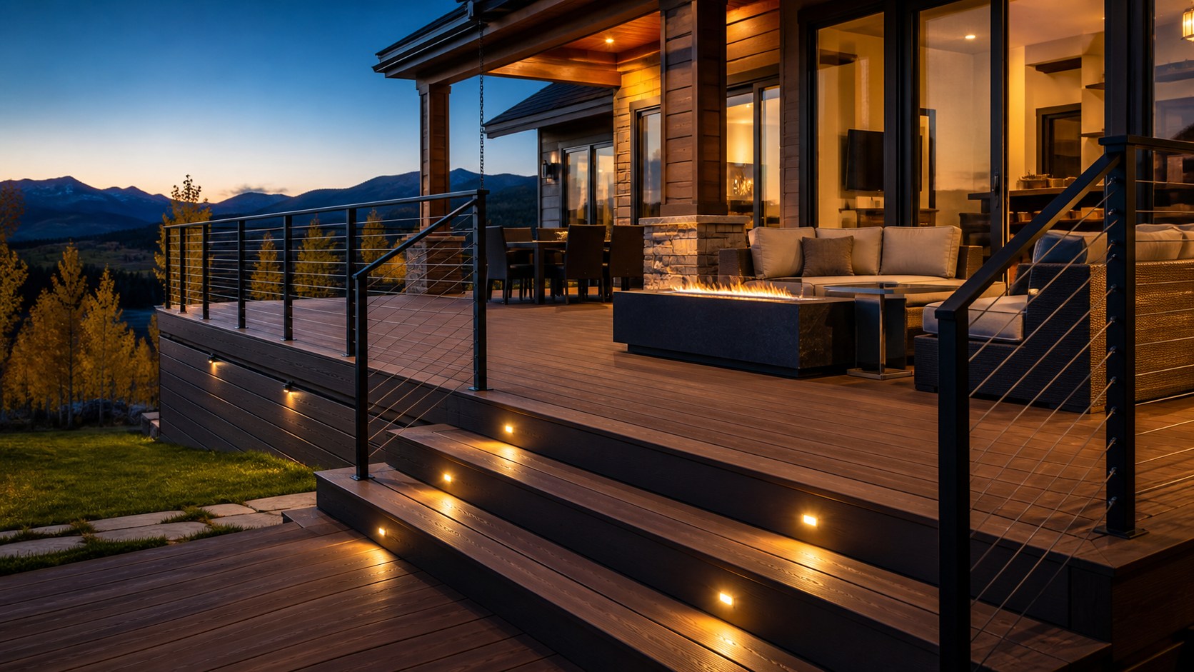 Walnut composite deck with illuminated stairs at a Park City home in the evening