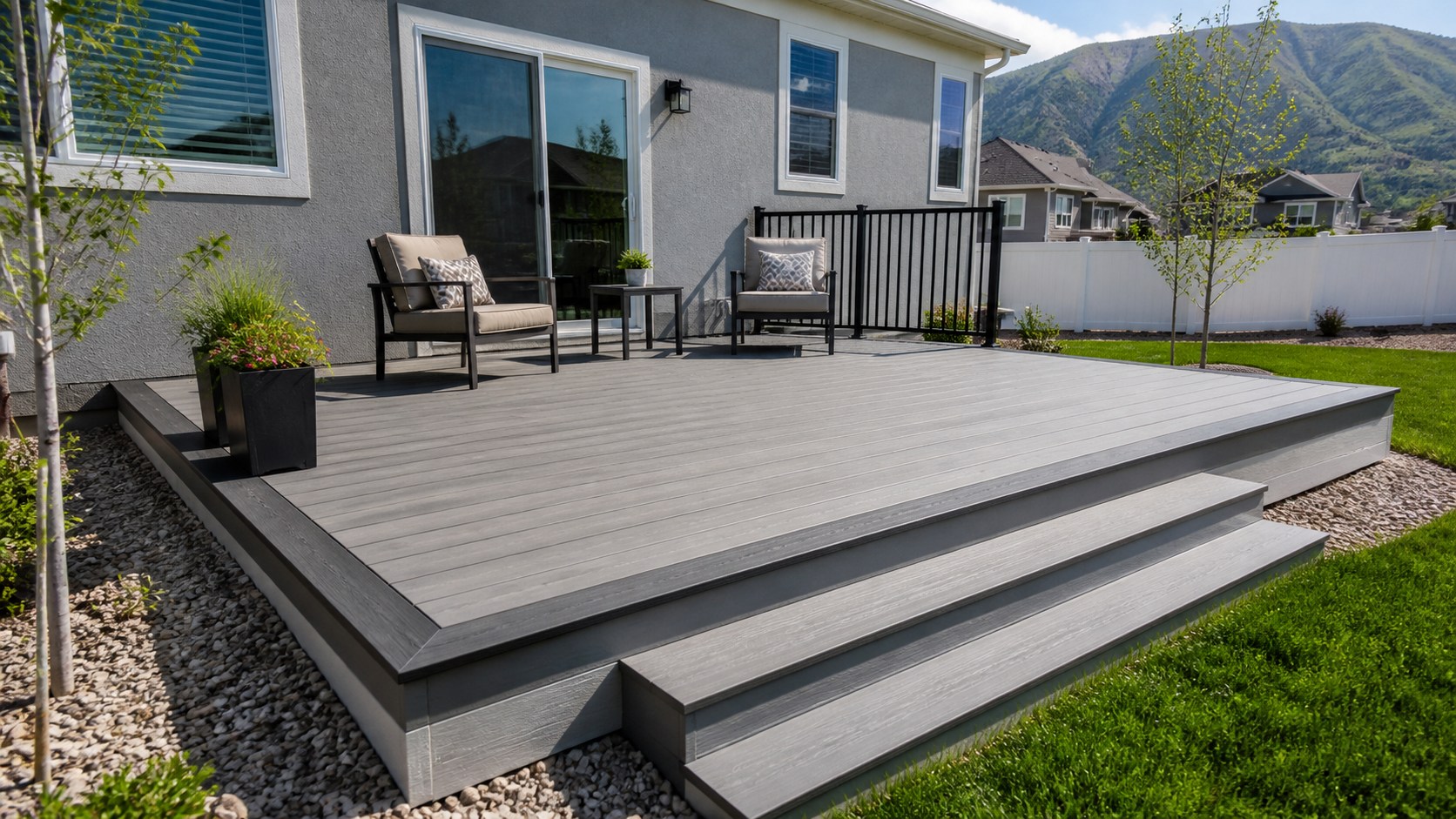 Ground-level gray composite deck with broad steps at a Utah suburban home