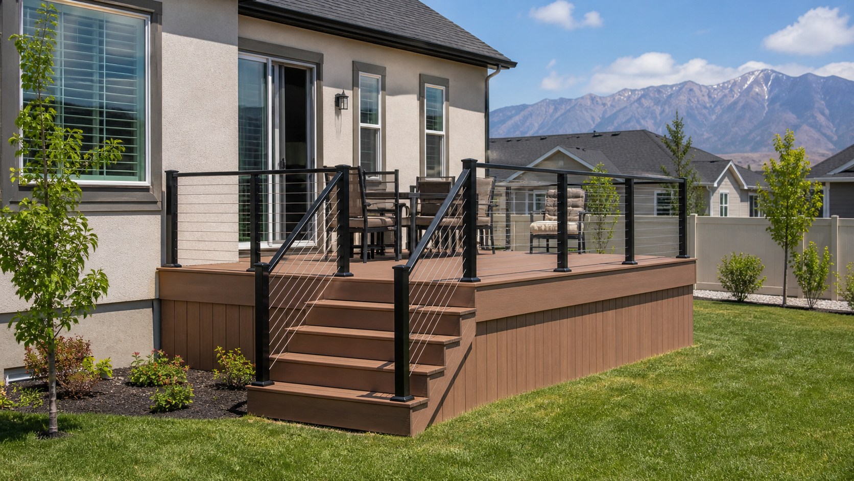 Raised brown composite deck with black aluminum railing at a Utah suburban home