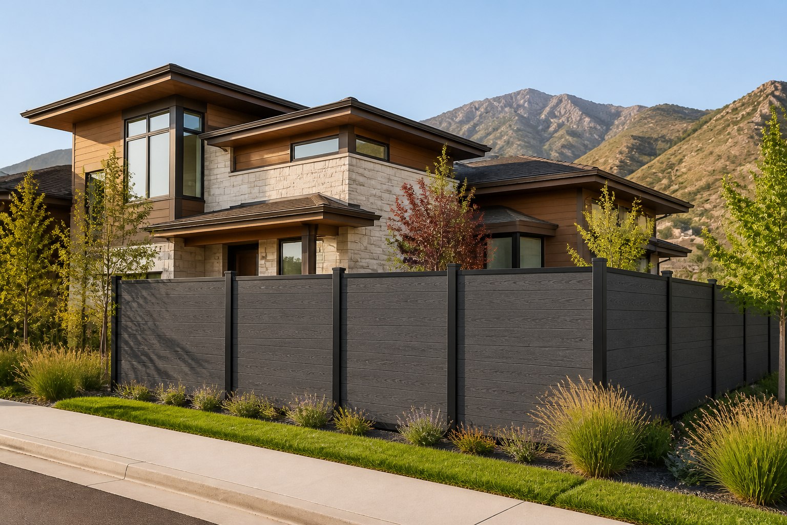 Harbor Slate horizontal composite privacy fence with black aluminum posts at a Utah mountain home