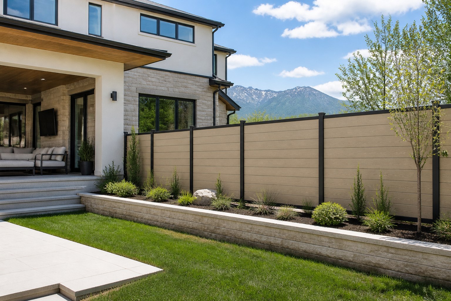 Mesa Taupe horizontal composite privacy fence with black aluminum posts in a landscaped Utah backyard