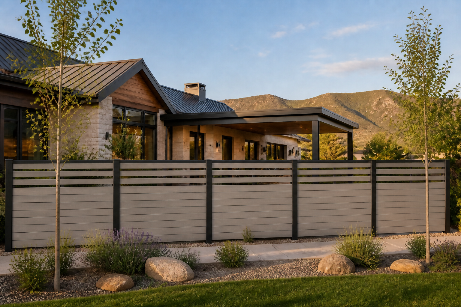 Mesa Taupe horizontal semi-private composite fence with black aluminum posts at a Utah mountain home