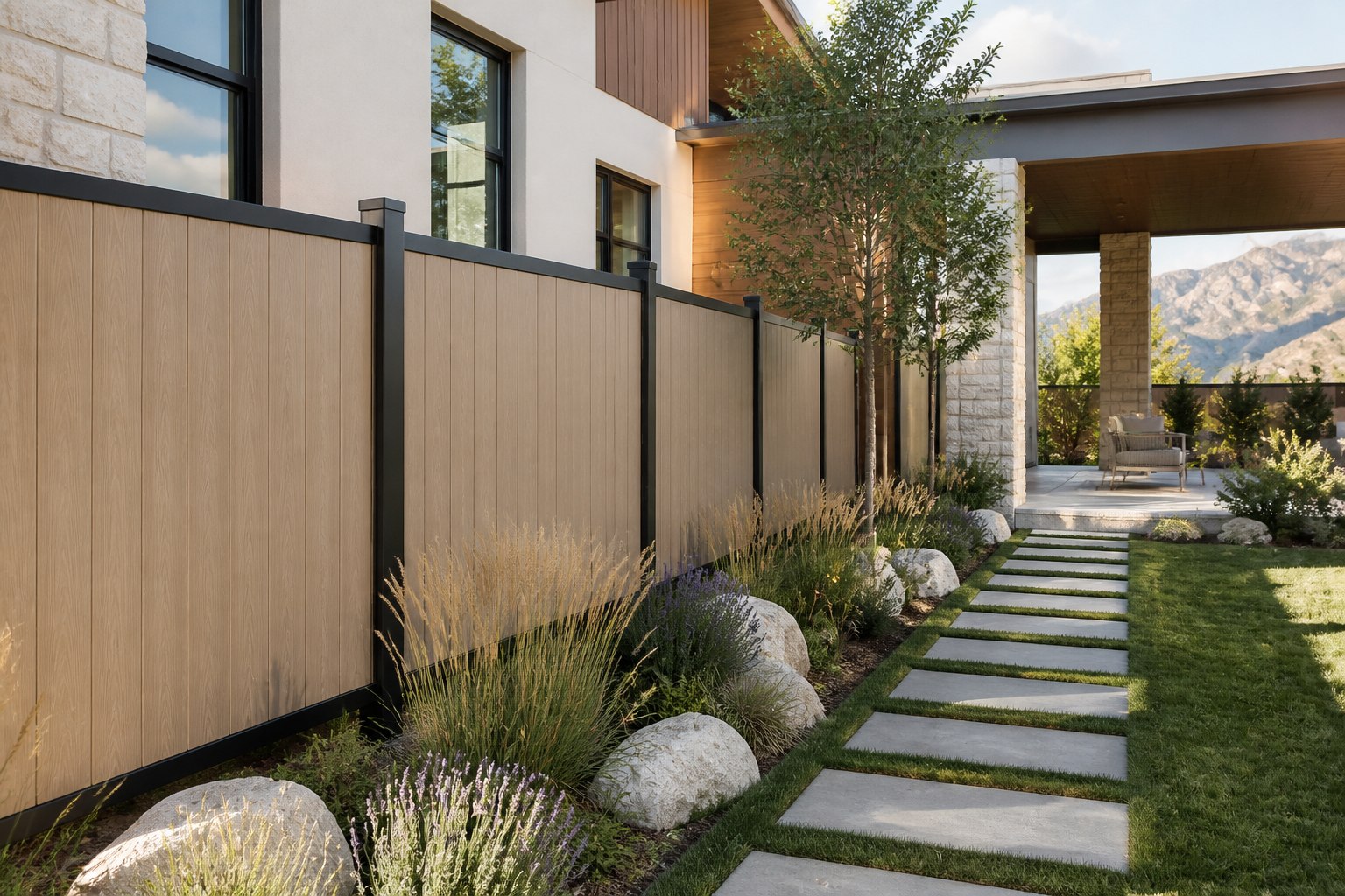 Mesa Taupe vertical composite courtyard fence with black aluminum framing at a Utah luxury home