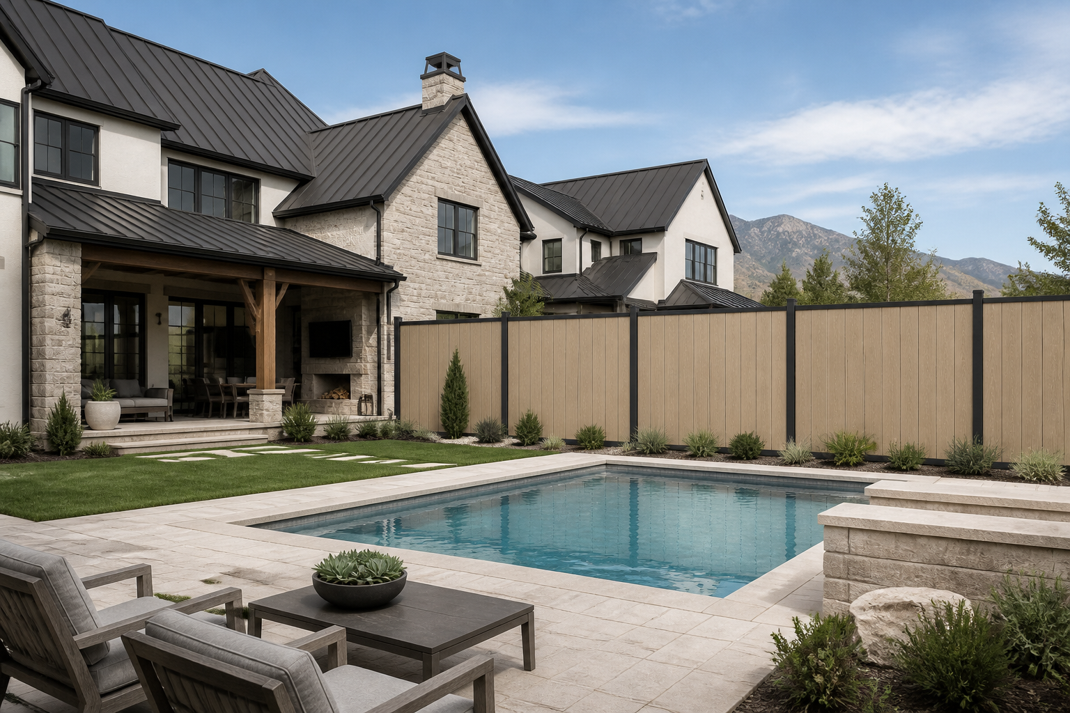 Mesa Taupe vertical composite privacy fence with black aluminum posts beside a luxury Utah pool