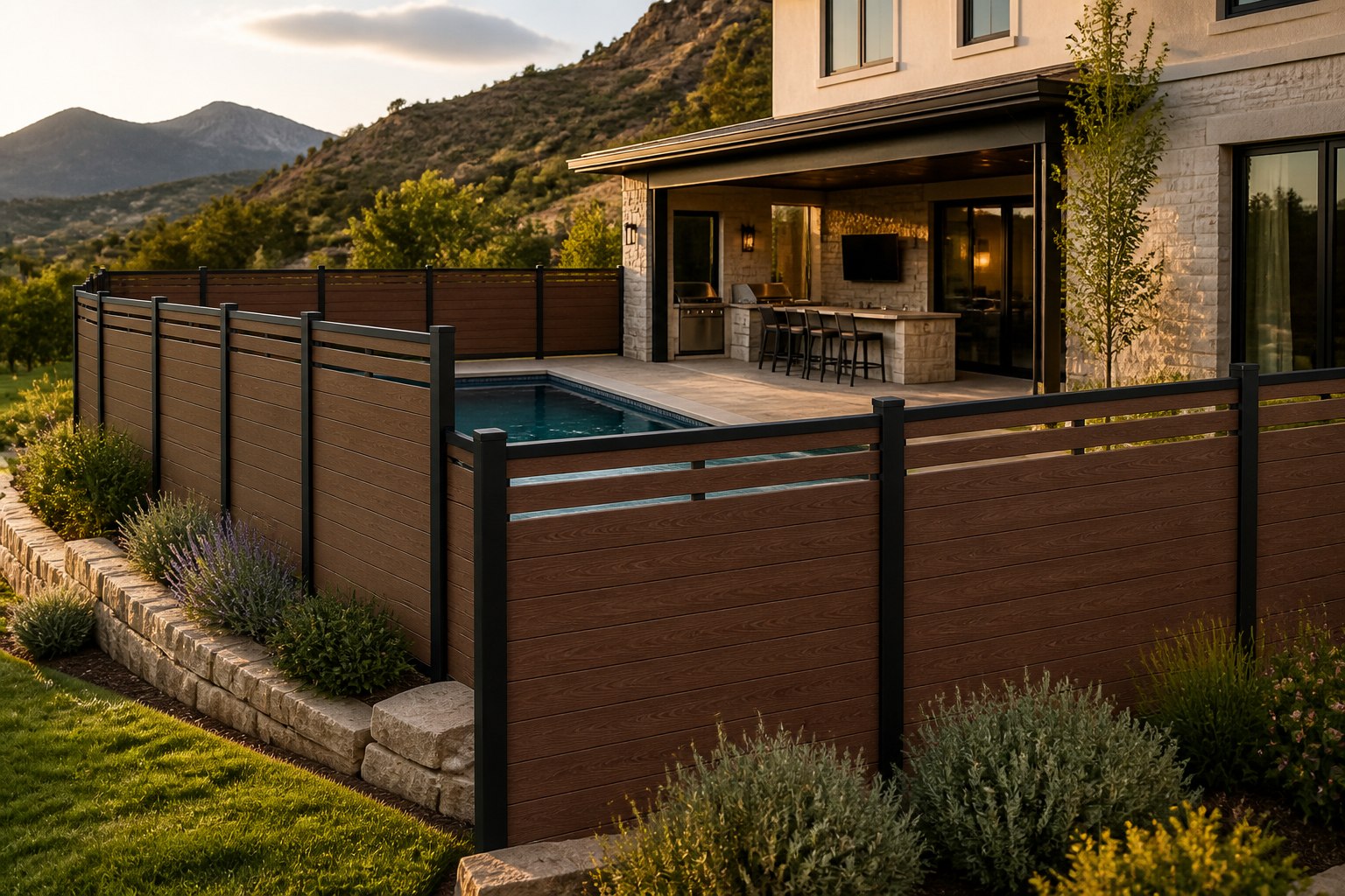 Redwood Ember horizontal composite semi-private pool fence with black aluminum posts at a luxury Utah home