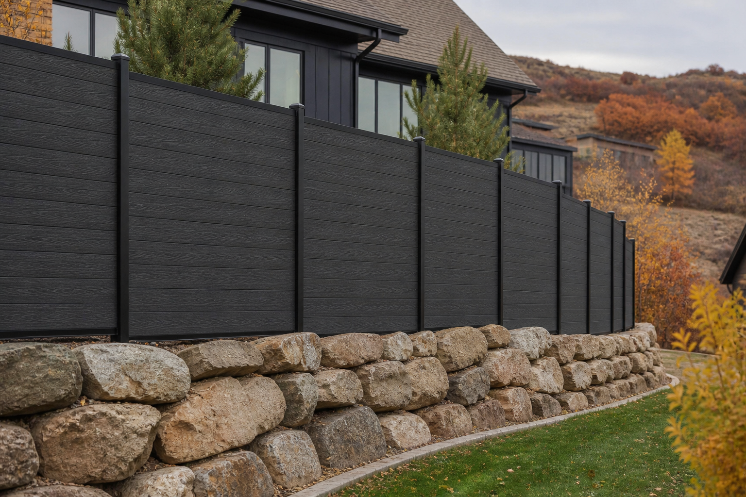 Shadow Forge horizontal composite privacy fence with black aluminum posts above a natural stone retaining wall in Utah