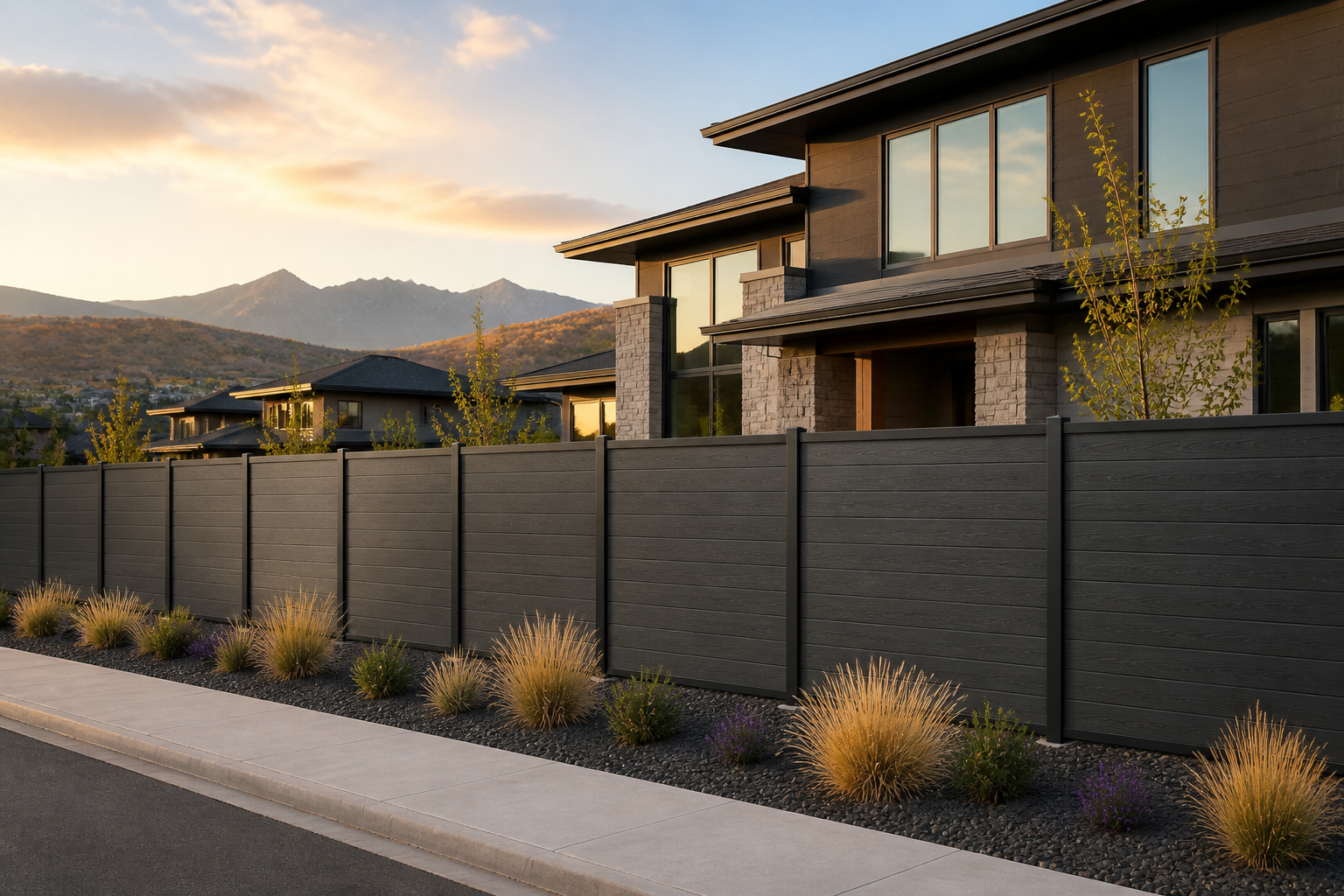 Shadow Forge horizontal composite privacy fence with black aluminum framing at a modern Utah mountain home at sunset