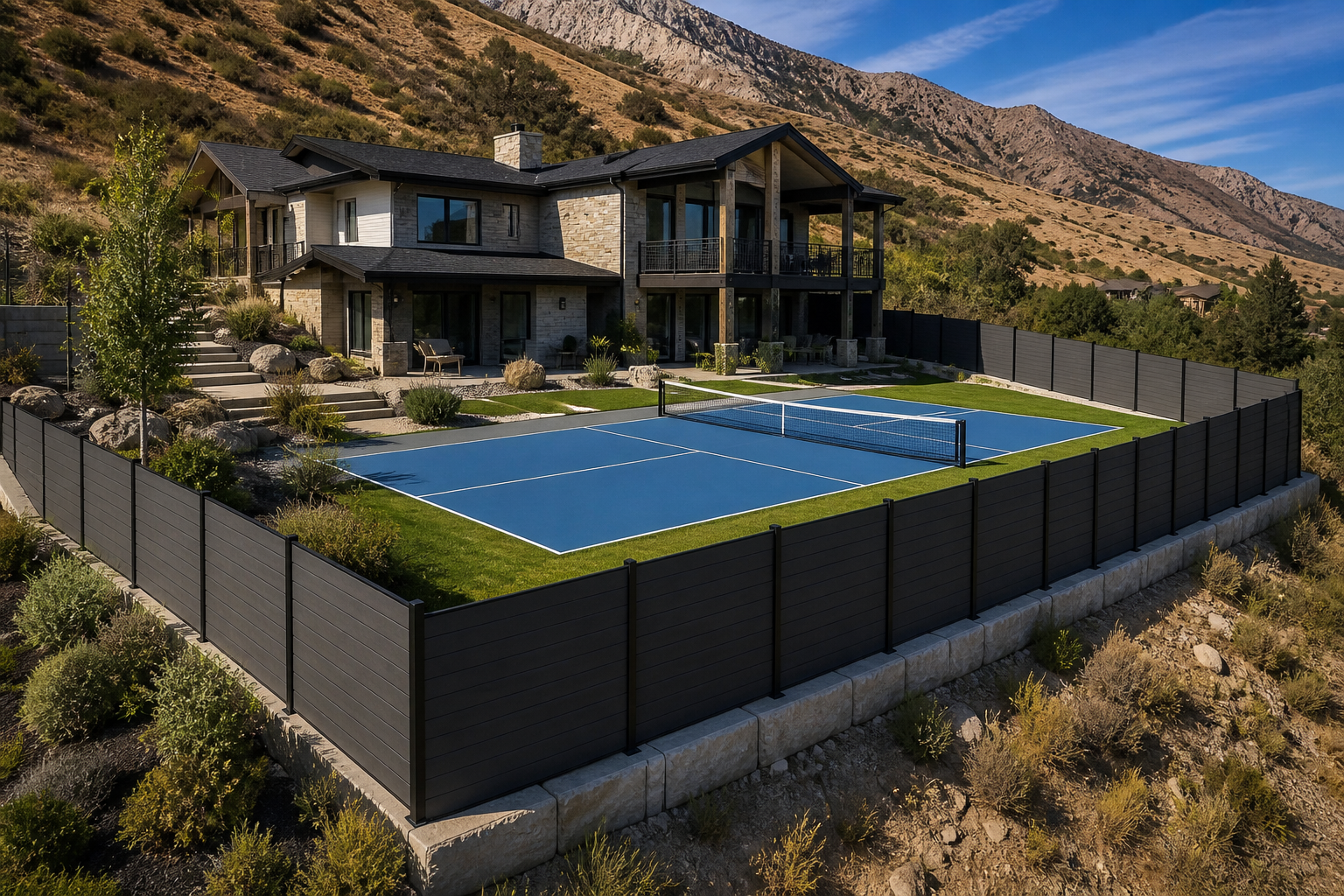 Shadow Forge horizontal composite privacy fence enclosing a blue pickleball court at a Utah mountain home