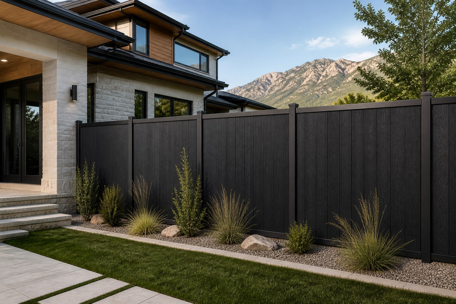 Shadow Forge vertical composite privacy fence with black aluminum rails at a modern Utah home