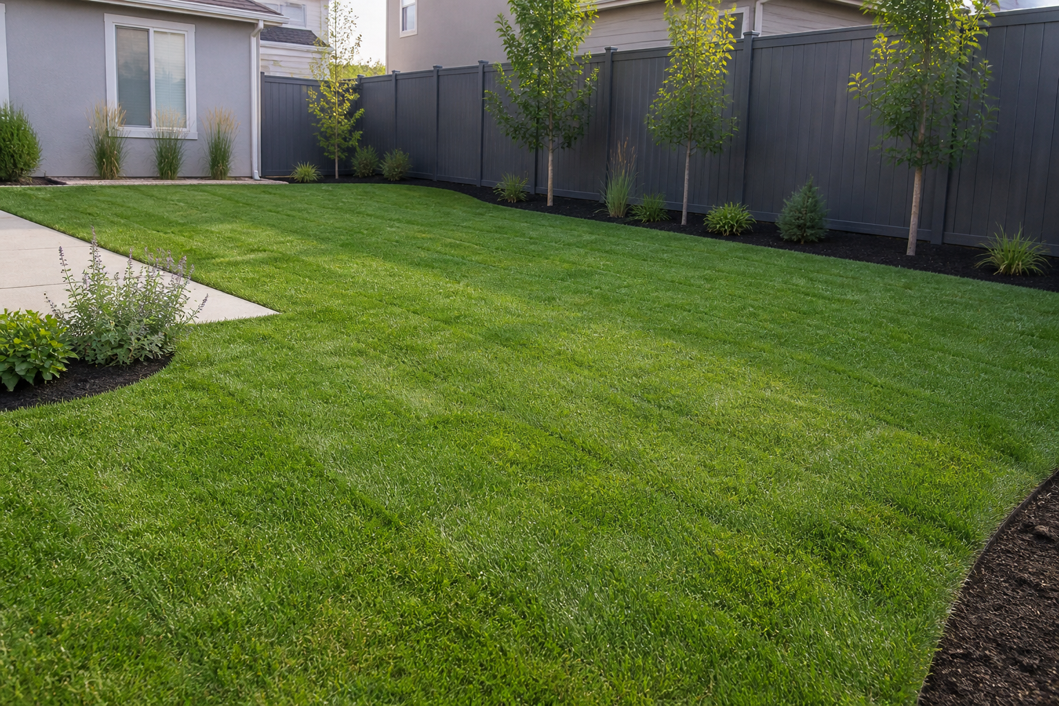 Completed Utah backyard with a large healthy lawn, modern planting beds, pavers, and landscape lighting