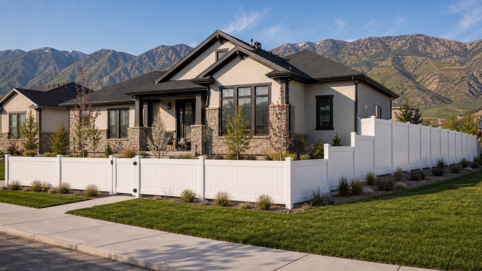 White vinyl fence transitioning from three feet in front to six feet toward the backyard