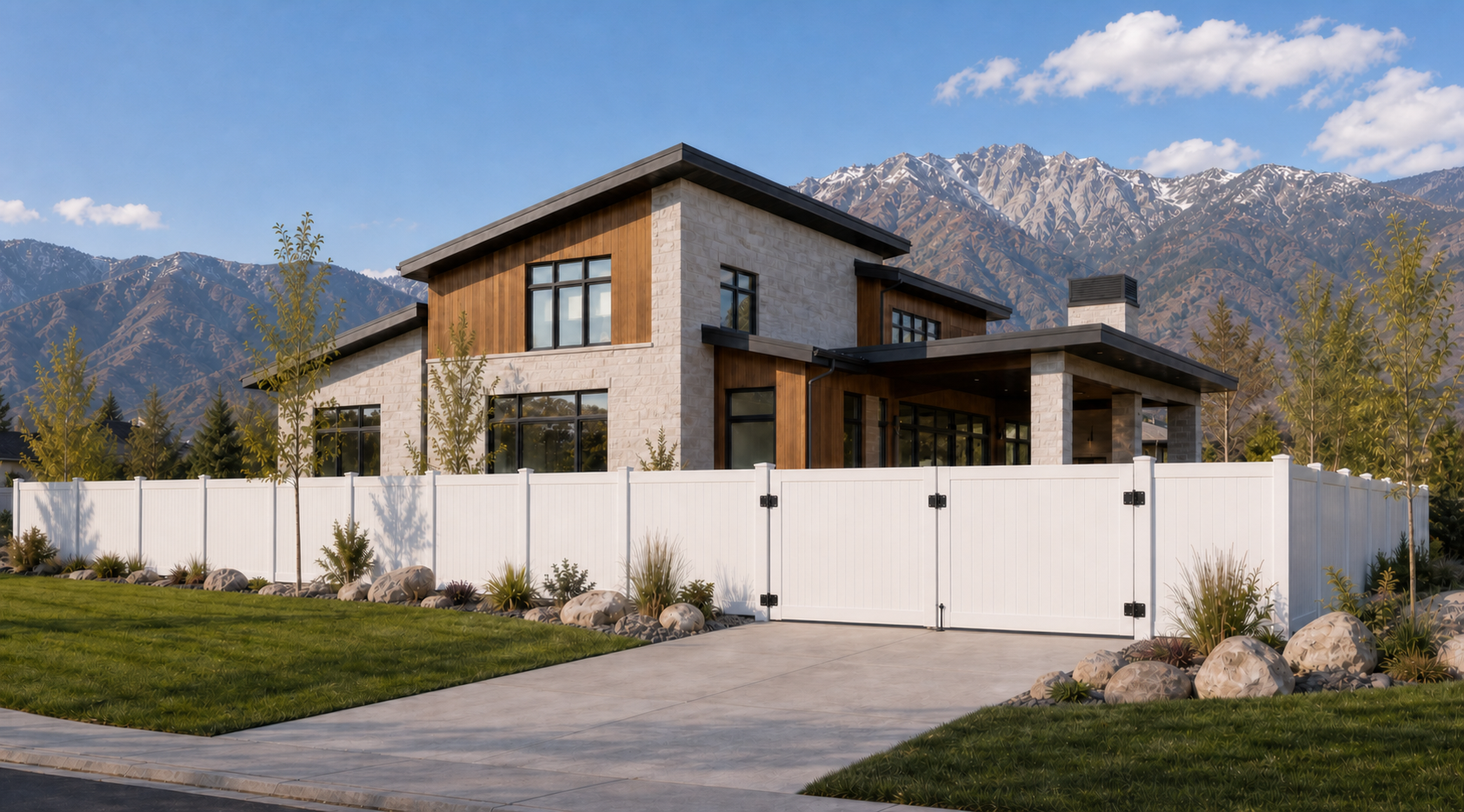 Complete white vinyl fence line with a wide double gate and visible black hardware