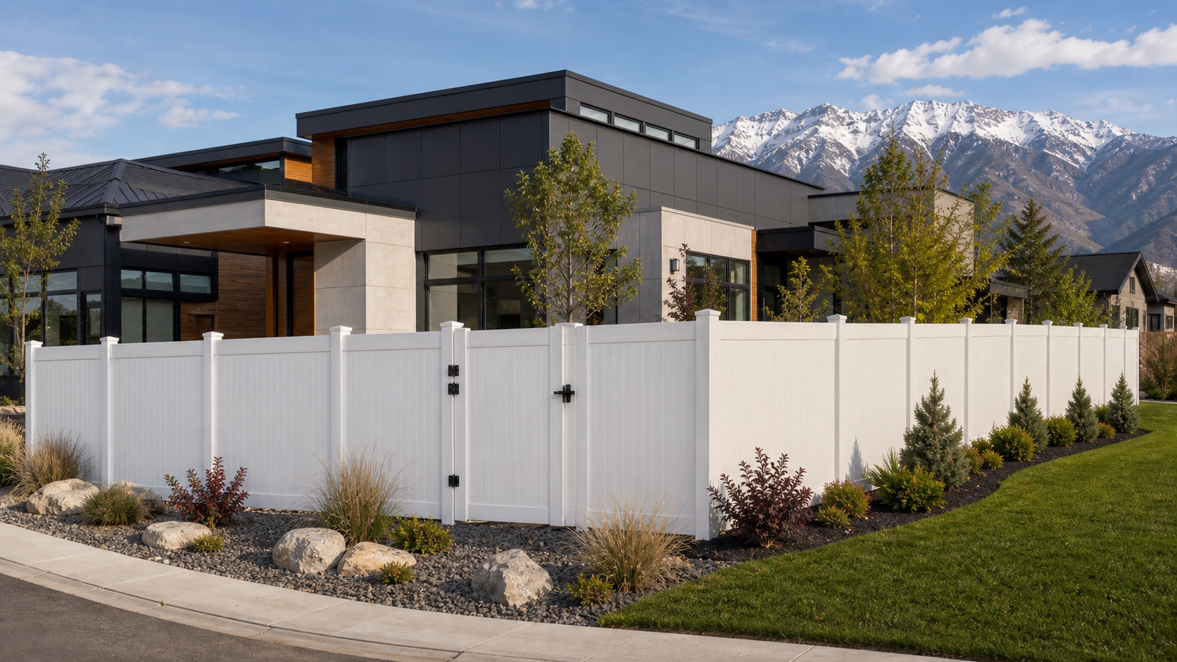 White vinyl privacy fence at a modern flat-roof Utah home